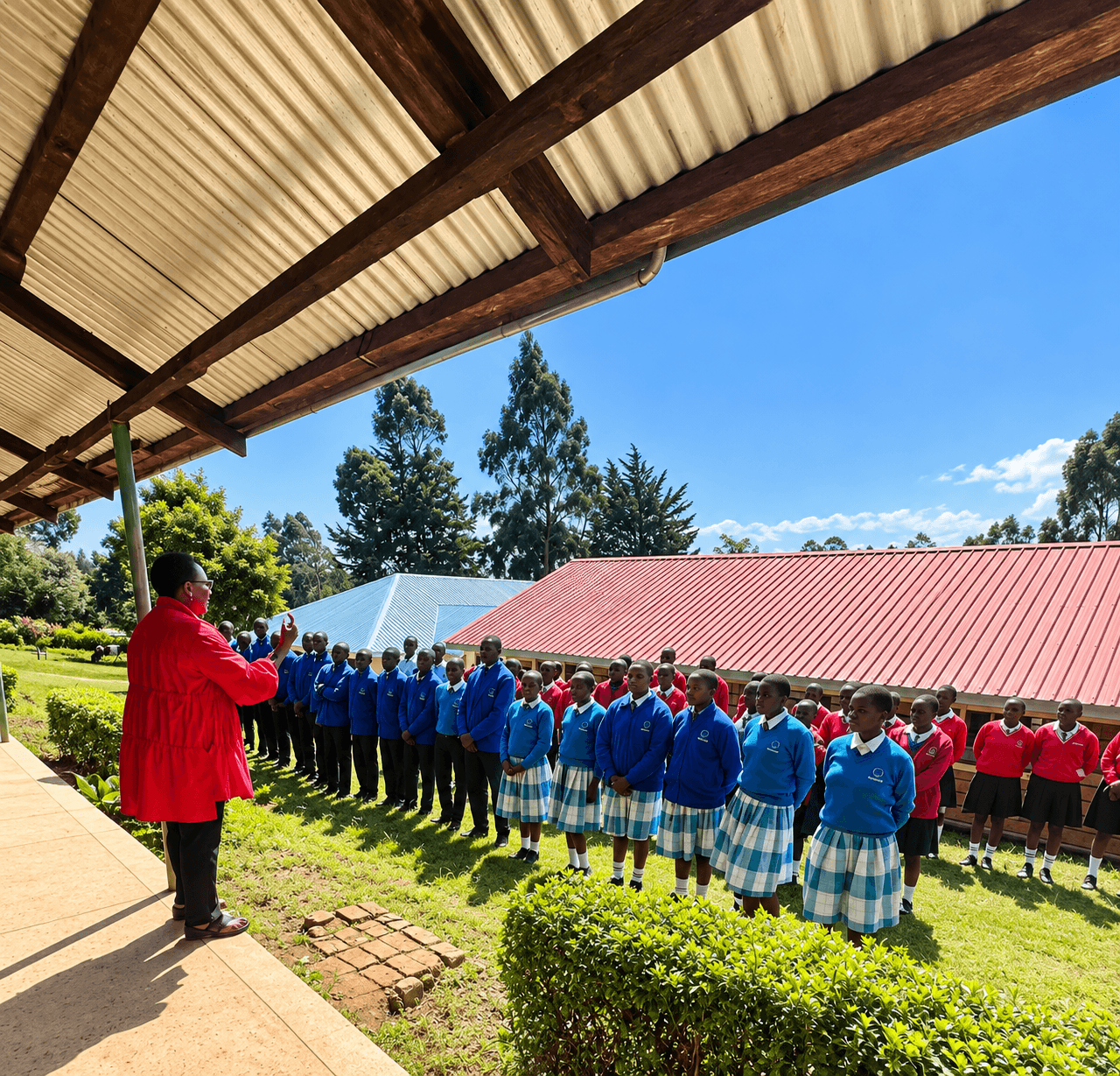 Prof. Rotich speaking to rows of seated primary-school students under trees on a school field in Kenya